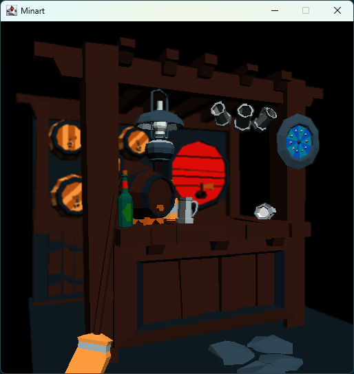 Screenshot of a 3D tavern, with multiple small details